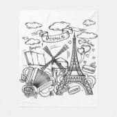 手モダン描きスタイリッシュエッフェルタワーパリホワイト フリースブランケット (正面)