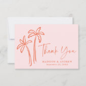手モダン描きヤシの木ピンク結婚ズ サンキューカード (正面)