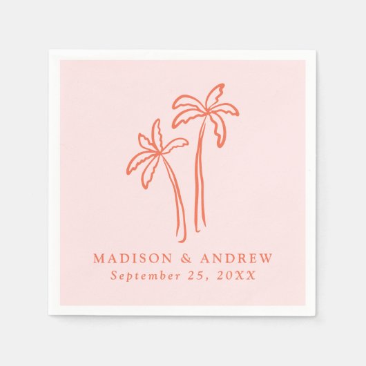 手モダン描きヤシの木ピンク結婚ズ スタンダードカクテルナプキン (正面)