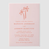 手モダン描きヤシの木ピンク結婚ズ ベラム紙招待状 (正面)