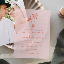 手モダン描きヤシの木ピンク結婚ズ ベラム紙招待状