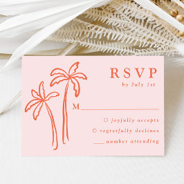 手モダン描きヤシの木ピンク結婚ズ 出欠カード