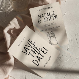 手モダン描きロマンチックなレトロユニークの結婚 セーブザデート