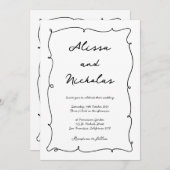 手モダン描き縁どとスクリプ結婚トのモノグラム 招待状 (正面/裏面)