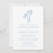 手モダン描き青いヤシの木の写真結婚 招待状 (正面)