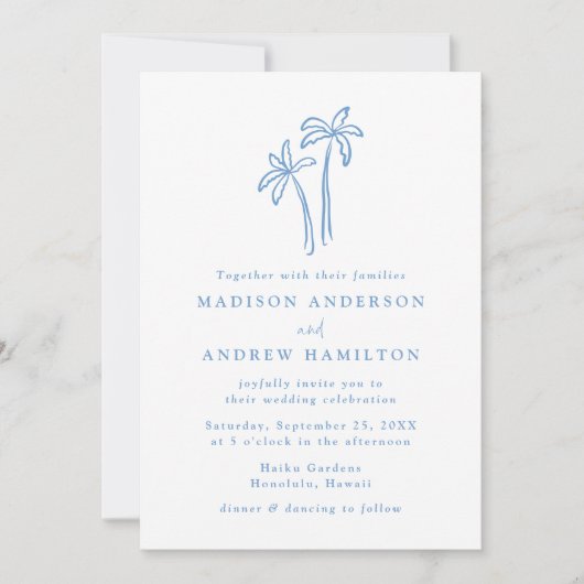 手モダン描き青いヤシの木の写真結婚 招待状 (正面)