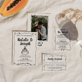 手モダン書描ケーキレトロ結婚枠 招待状