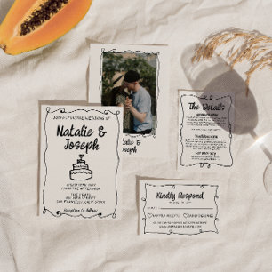 手モダン書描ケーキレトロ結婚枠 招待状