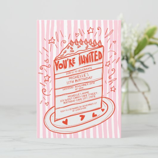 手ユニークお洒落引ドードルお誕生日ケーキ 招待状 (スタンド正面)