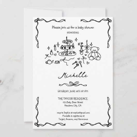 手ユニーク引きお洒落ドードル赤ちゃんシャワー 招待状 (正面)