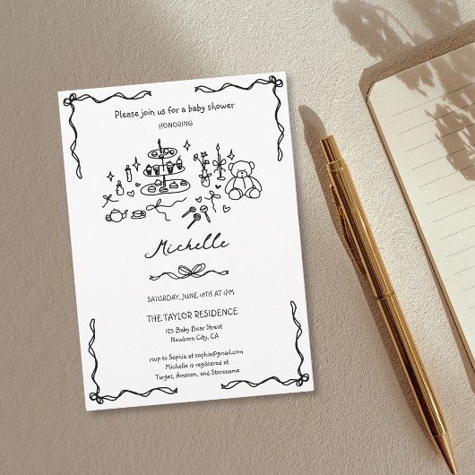 手ユニーク引きお洒落ドードル赤ちゃんシャワー 招待状