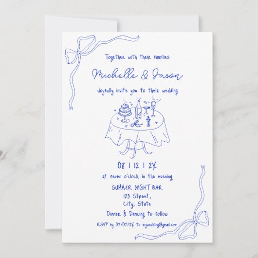 手ユニーク引きコンテンポラリーレトロフランスのボウ 招待状 (正面)