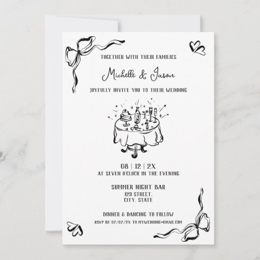 手ユニーク引きコンテンポラリーレトロフランスのボウ 招待状 (正面)