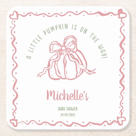 手ユニーク引き小さなかぼちゃの秋赤ちゃんシャワー スクエアペーパーコースター (正面)