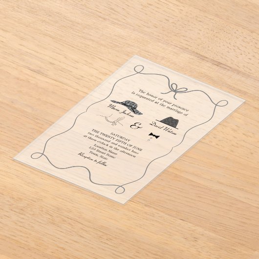 手ユニーク引き結婚の アクリル招待状 (レイダウン)