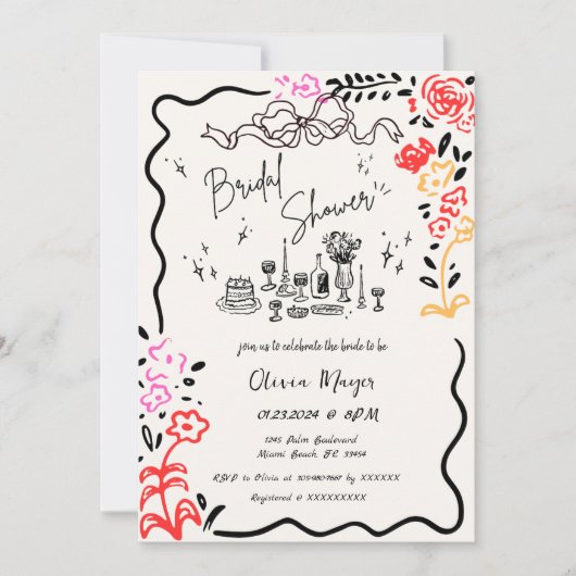 手予測できな引き落書き波状ブライダルシャワー 招待状 (正面)