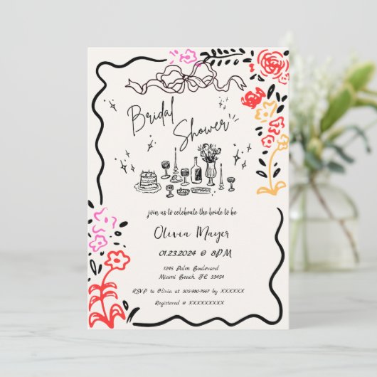 手予測できな引き落書き波状ブライダルシャワー 招待状 (スタンド正面)