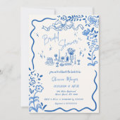 手予測できな引き落書き波状ブライダルシャワー 招待状 (正面)