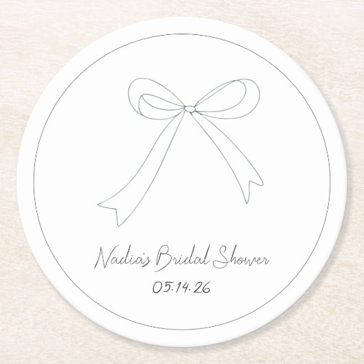 手予測できな描きスケッチスタイル弓ブライダルシャワー ラウンドペーパーコースター (正面)