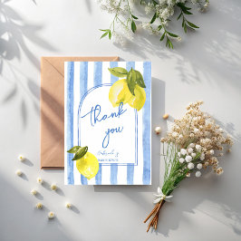 手付きブルーのレモストライプンズベビーシャワー サンキューカード
