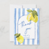 手付きブルーのレモストライプンズベビーシャワー サンキューカード (正面)