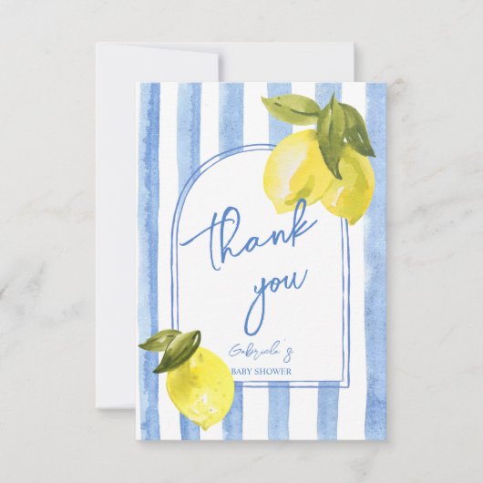 手付きブルーのレモストライプンズベビーシャワー サンキューカード (正面)