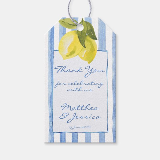 手付き青ストライプ色の結婚レモイタリアンンス ギフトタグ (正面)