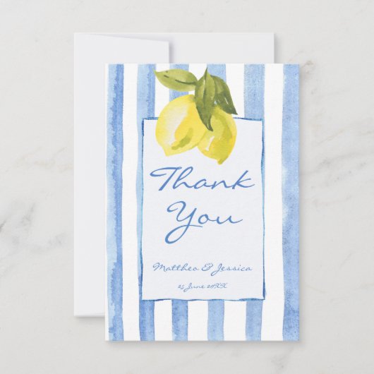 手付き青ストライプ色の結婚レモイタリアンンス サンキューカード (正面)