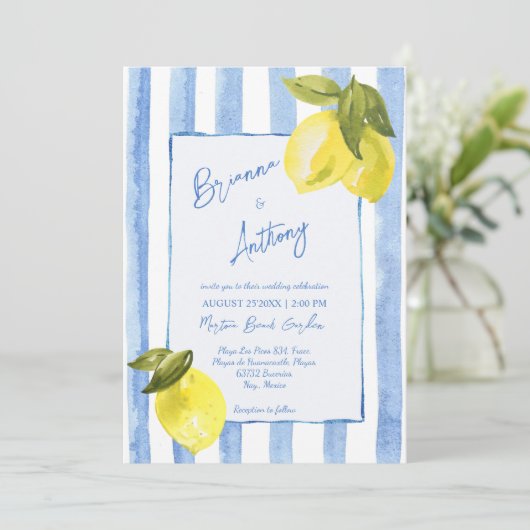 手付き青ストライプ色の結婚レモイタリアンンス 招待状 (スタンド正面)