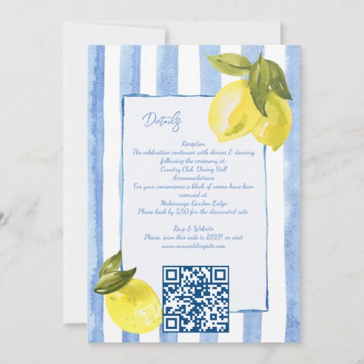 手付き青ストライプ色の結婚レモイタリアンンス 招待状 (裏面)