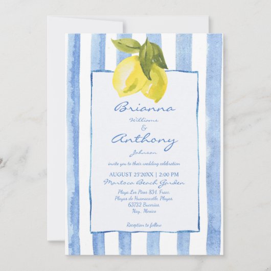 手付き青ストライプ色の結婚レモイタリアンンス 招待状 (正面)