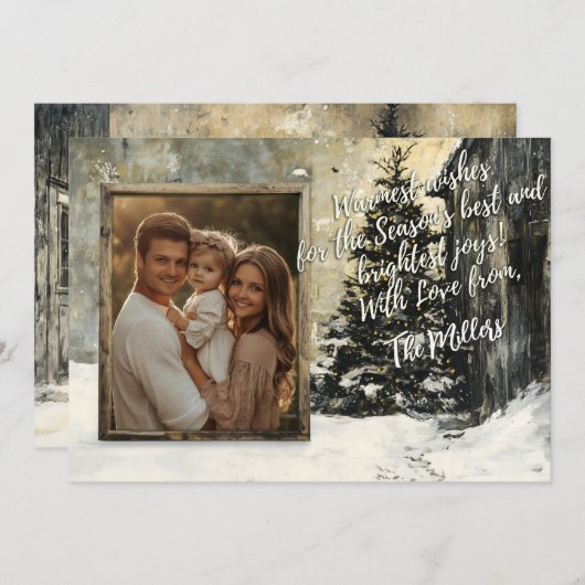 手作りのようなクリスマスカード 雪の木のある家族写真 シーズンカード (正面/裏面)