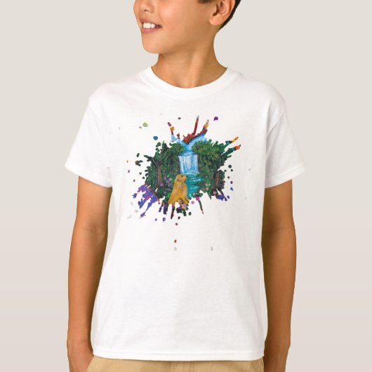     手作りのアート作品 – 滝のそばの犬  Tシャツ (正面)