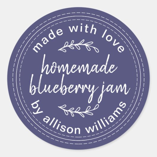 手作りのシンプルなブルーベリージャム瓶ラベル ネイビーブルー ラウンドシール (正面)