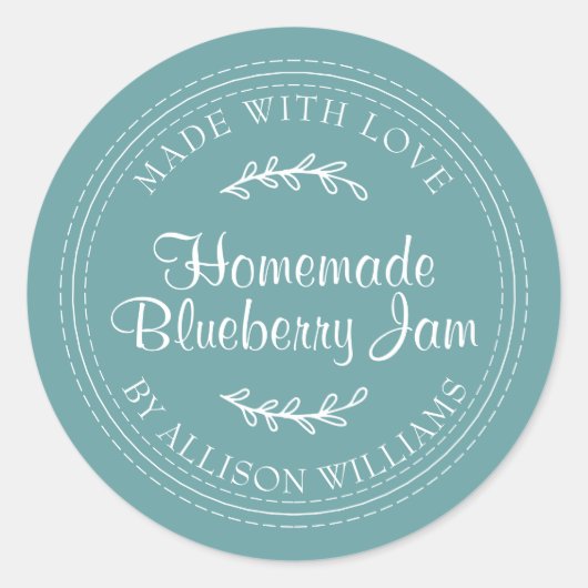 手作りのシンプルなブルーベリージャム缶詰めラベル ターコイズ ラウンドシール (正面)
