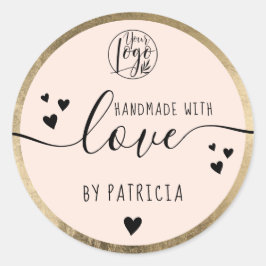 手作りのラブスクリプト黒ロゴハート ゴールド ピンク ラウンドシール