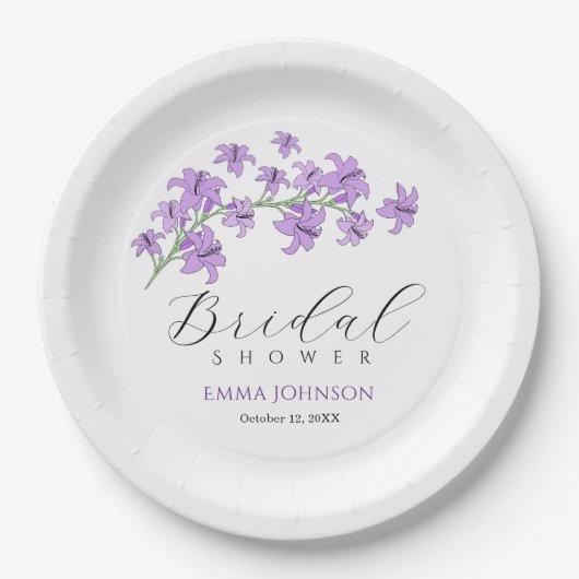 手作りのラベンダー リリー ブライダル シャワー ペーパー プレート (正面)