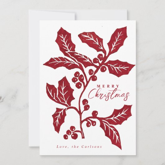 手作りのリノカットのホリーアートクリスマスカード 招待状 (正面)