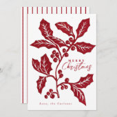 手作りのリノカットのホリーアートクリスマスカード 招待状 (正面/裏面)