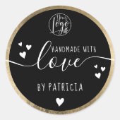 手作りの愛のタイポグラフィーロゴハート ゴールド ブラック ラウンドシール (正面)