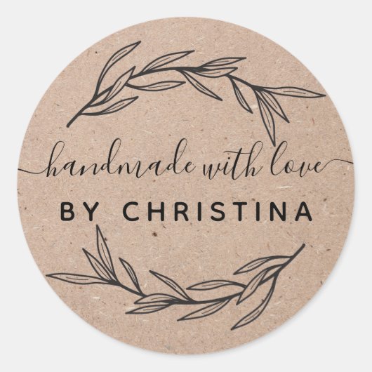 手作りの愛を込めた月桂樹の葉のステッカー ラウンドシール (正面)