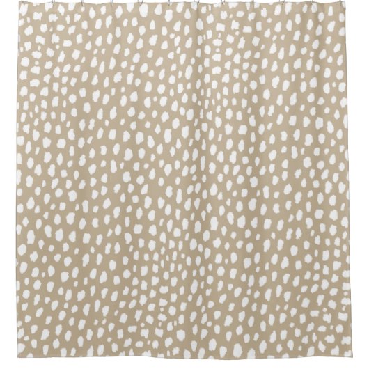 手作りの水玉模様ブラシスポット（白/タン） シャワーカーテン (正面)