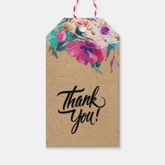 手作りの水色ピンクの花クラフト紙 ギフトタグ (正面)