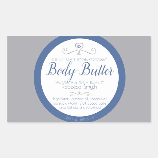 手作りの美容成分ラベル 銀灰青ラベル 長方形シール (正面)