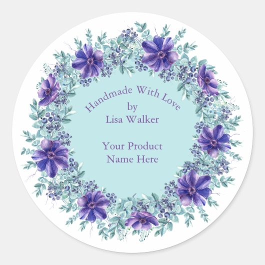 手作りアイテムラベル素朴パープルリース&アクア ラウンドシール (正面)
