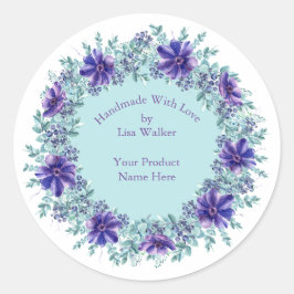 手作りアイテムラベル素朴パープルリース&アクア ラウンドシール