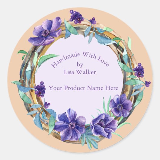 手作りアイテムラベル素朴リース&パープルステッカー ラウンドシール (正面)