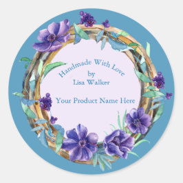 手作りアイテムラベル素朴リース&埃ブルー ラウンドシール