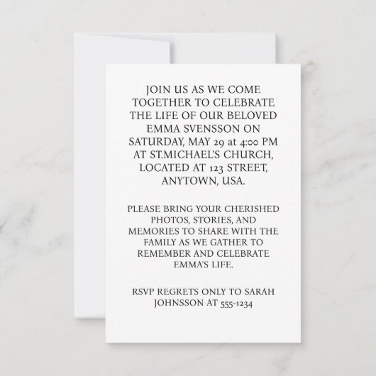 手作りウォーターカラーミニマリスト葬儀招待状 招待状 (裏面)