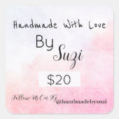 手作りシンプルピンクウォーターカラー価格ラベル スクエアシール (正面)